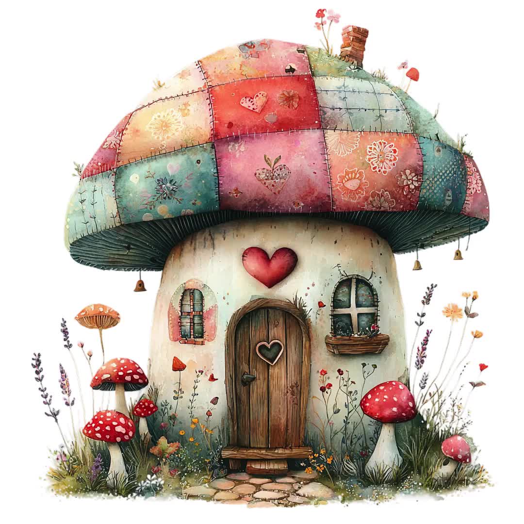 PNG + JPEG 水彩魔法のキノコクリップアートバンドル 光るキノコの妖精